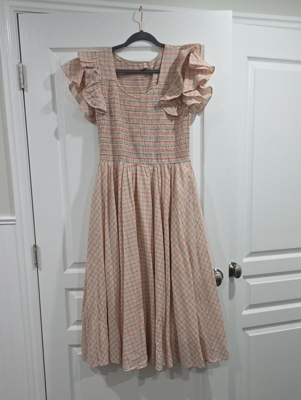 Ivy City Co Pink Plaid Ruffle-Sleeve Maxi Dress